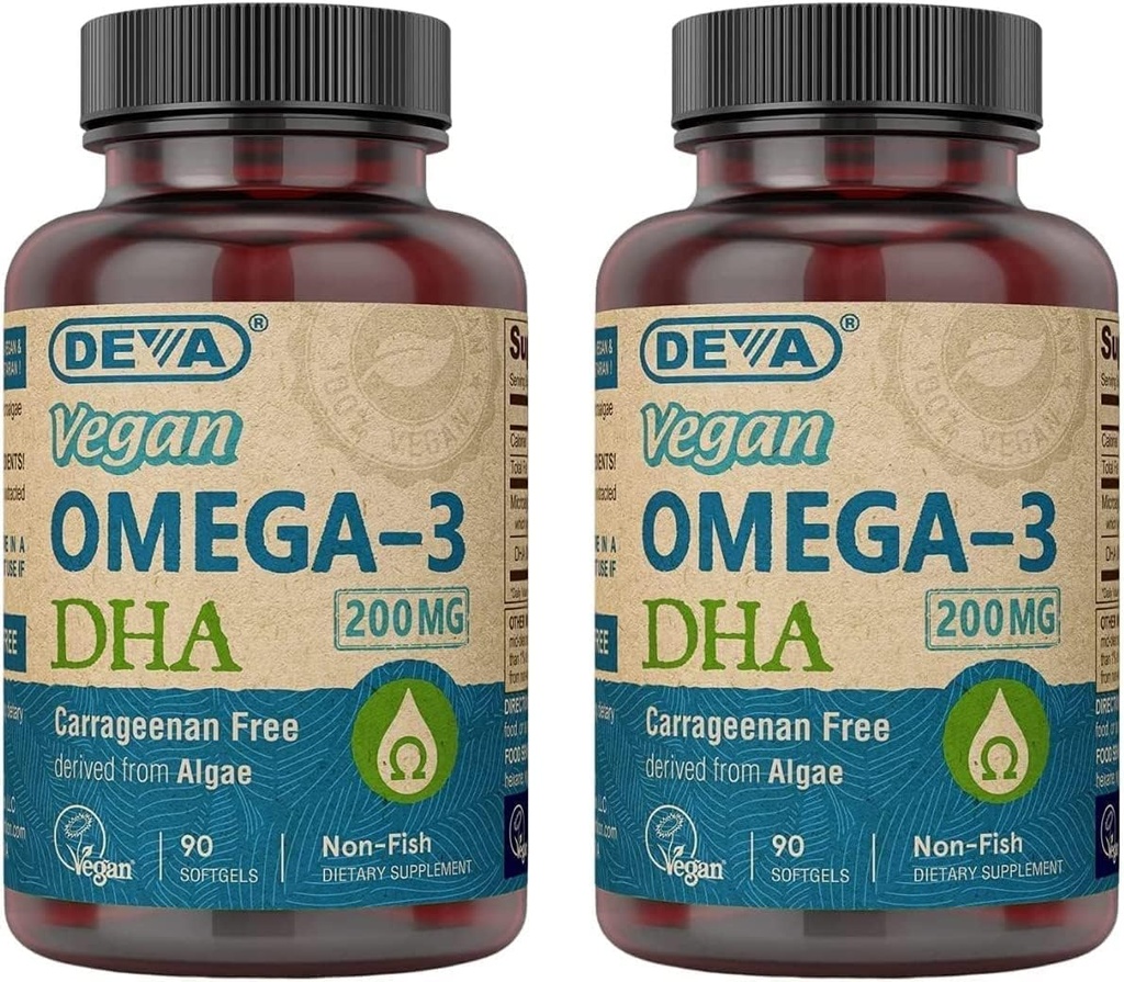 DEVA Vegan Omega-3 DHA Suplemento - Once-Per-Day Softgels 200 MG - Carrageenan Gratis - Gelatin Gratis - Algae Oil Omega-3 Fatty Acids - 90 Softgels (Pack of 2)