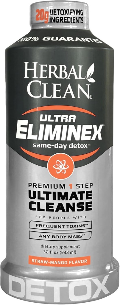 Herbal Clean Same Day Ultra Eliminex Detox Cleanse Drink* (32 fl oz) - Straw-Mango Flavor Full Body Cleanse Detox Drink with Milk Thistle Seed* for high Toxin*, Vitamina B12 for Men &amp; Women