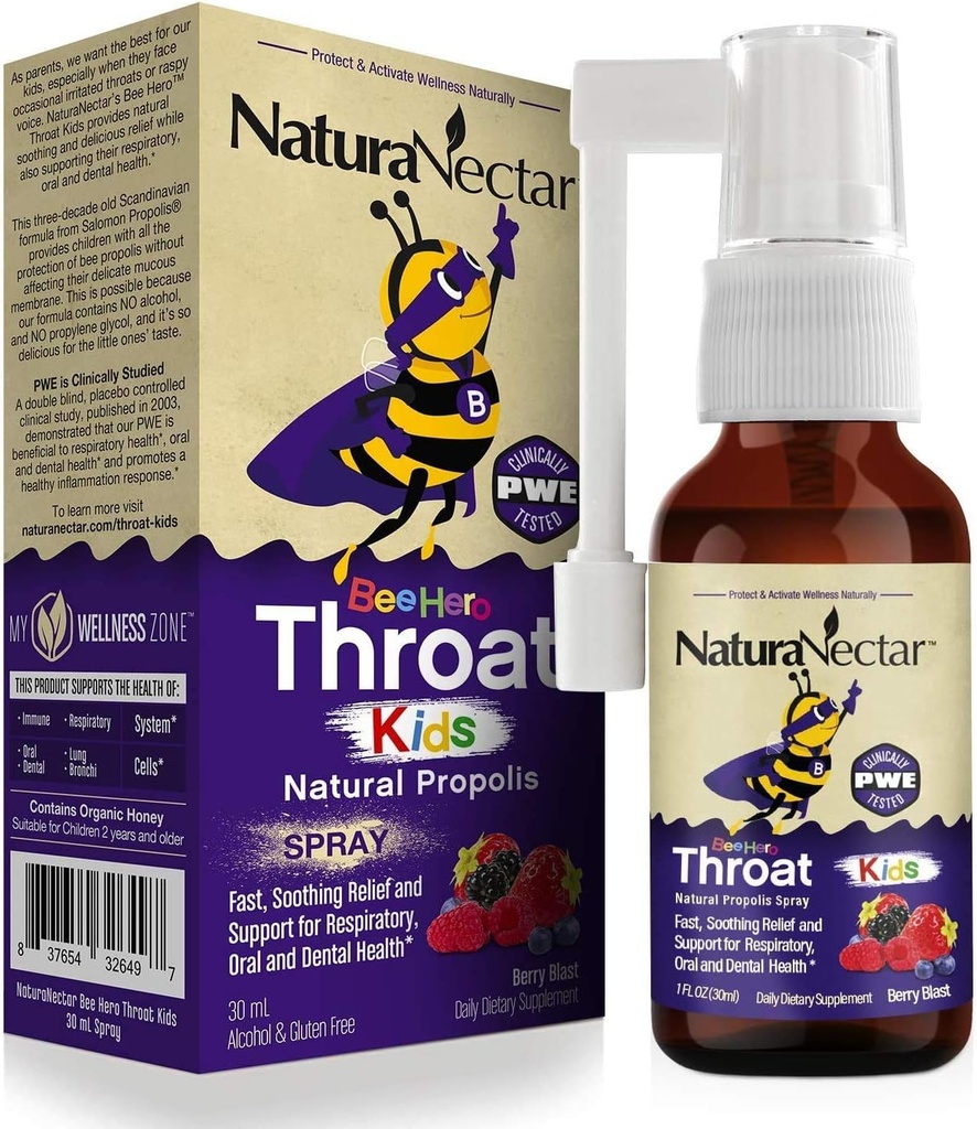 NaturaNectar - BeeHero Brasileño Propolis Throat Spray - Throat Relief for Kids - para el confort y la protección - Exclusivo Berry Blast Flavor (1 Pack, 1 Fl Oz)