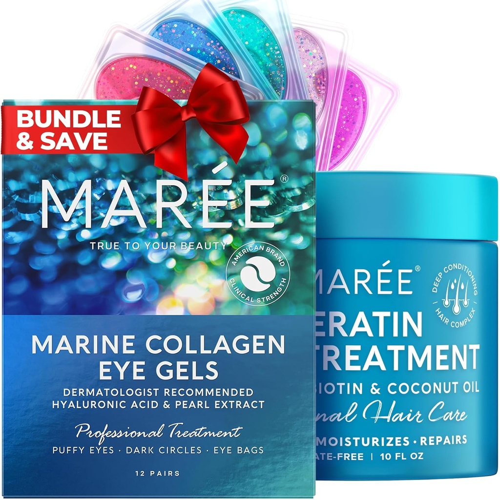 Solución completa de belleza MAREE - Bajo los ojos geles &amp; Máscara de pelo, acondicionador - Colágeno marino, ácido hialurónico, aceite de coco " queratina - reduce los ojos hinchados " Círculos oscuros, Hidrating Fine " Cabello de Frizzy