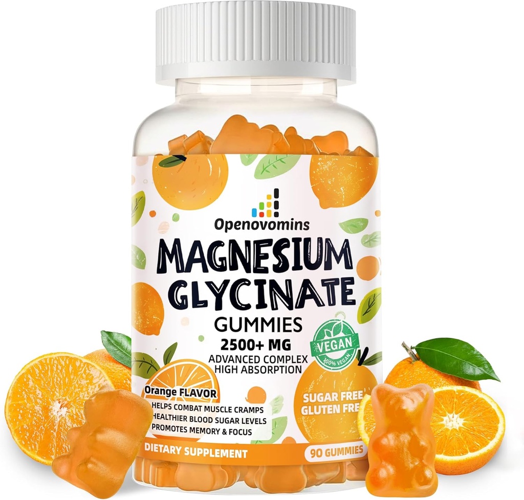 Magnesio Glycinate Gummies- Sugar suplemento de potasio libre de magnesio con vitamina D, B6, CoQ10 para calma Mood &amp; Sleep Support - 90 Orange Gummies