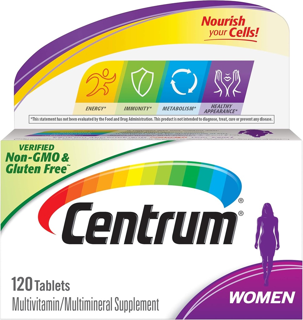 Centrum Multivitamina Tablet for Women, Multivitamin/Multimineral Supplement with Iron, Vitamin D3, B Vitaminas y Antioxidantes Vitaminas C y E, Gluten Free, Non-GMO Ingredients - 120 Count