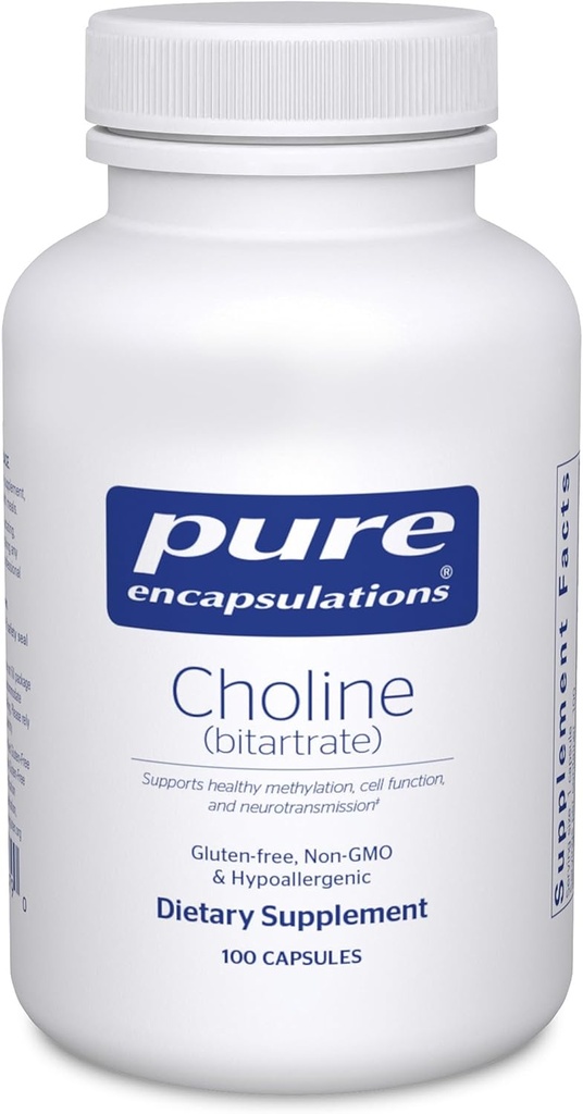 Pure Encapsulations Choline (Bitartrate) - 275 mg Choline (Bitartrate) - Supports Methylation, Brain Health & Cell Function* - Highly Bioavailable - Vegan & Non-GMO - 100 Capsules