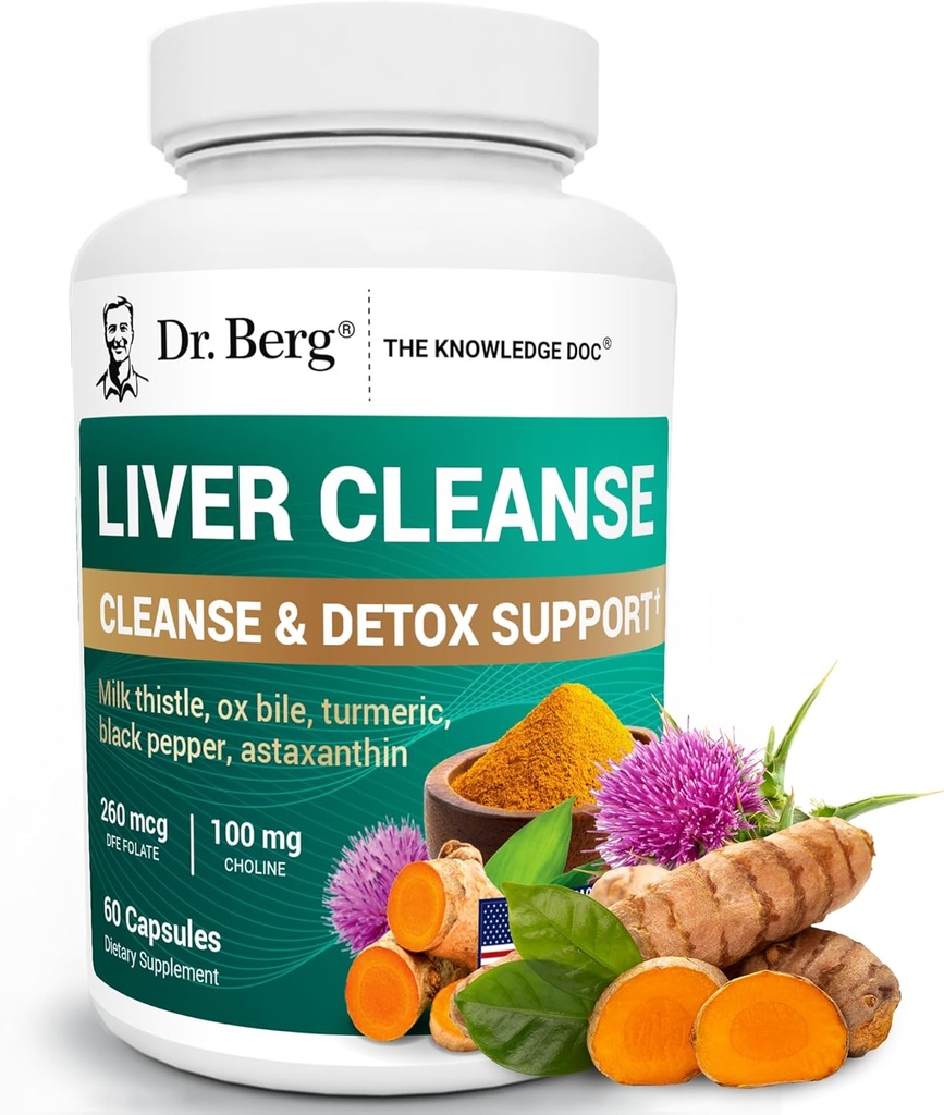 Dr. Berg Liver Cleanse Detox Capsules w/Unique Blend of Milk Thistle, Ox Bile &amp; Folate - Suplemento del hígado Incluye Turmeric, Black Pepper & Choline - 60 cápsulas