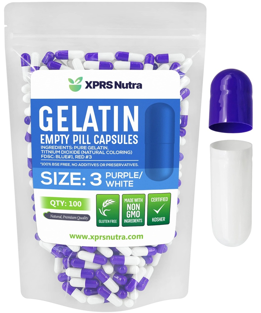 XPRS Nutra Size 3 Empty Capsules - 100 Count Empty Gelatin Capsules - Pills DIY Capsule Filling - Pure Bovine Pill Gel Caps for Do-It-Yourself Supplements (Purple/White)