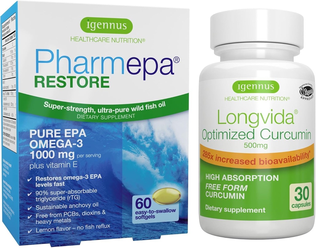 Pharmepa Restore &amp; Longvida Lipidated Curcumin 500mg Bundle, 1000mg Pure EPA Omega-3 Fish Oil &amp; Ultra Bioavailable Curcumin, por Igennus