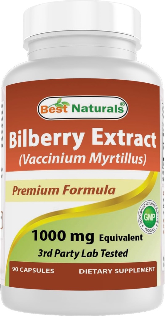Best Naturals Bilberry Extract 1000mg Capsule (No-GMO) apoya la visión saludable, 90 cuenta