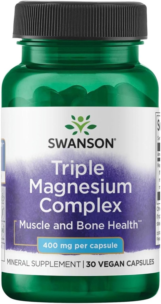 Complejo de Magnesio Triple Swanson - Suplemento Mineral - Soporte Natural - Destacando Citrato, Oxido &amp; Aspartate - (30 cápsulas, 400 mg cada uno)