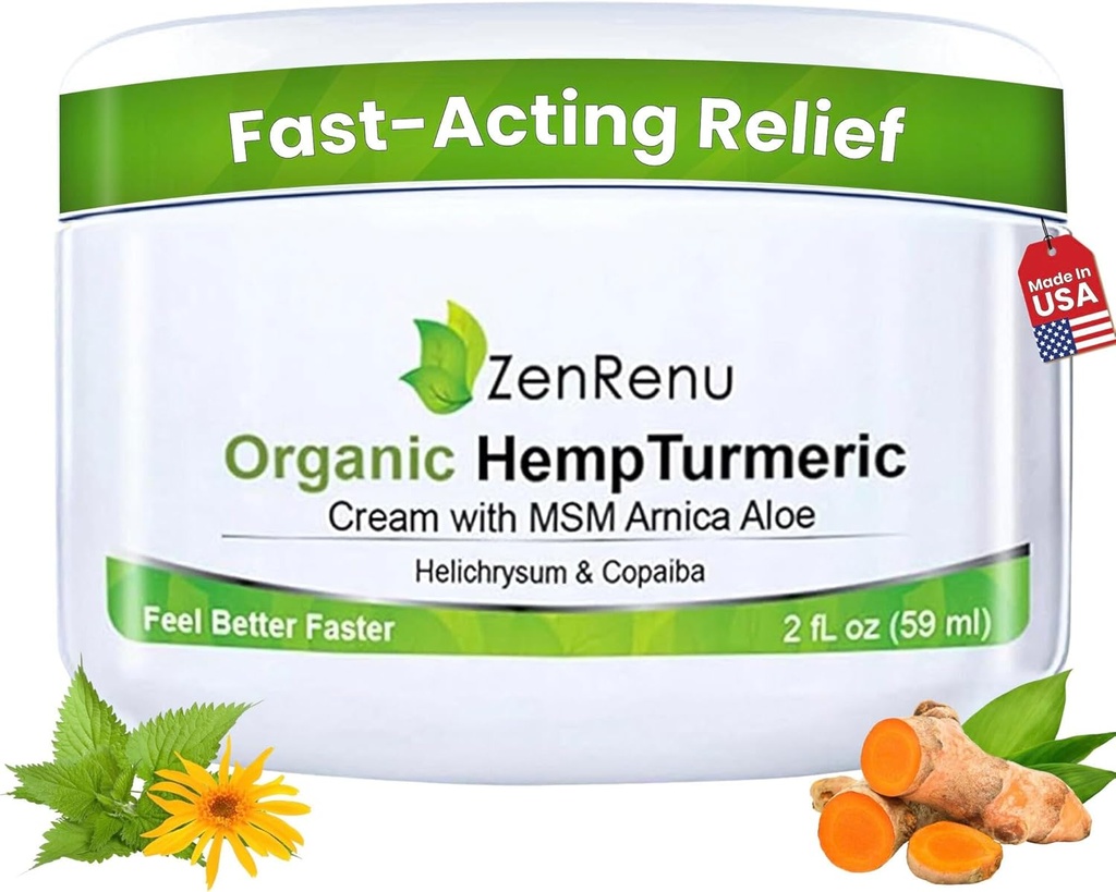 Zenrenu Orgánica de cáñamo Turmérico &amp; Crema de Muscle con Arnica, MSM, Extracto de aceite de cáñamo, " 7 Aceites Esenciales - No Greasy " Absorbing rápido para atrás, cuello, codos, rodillas, " Hip 2 oz