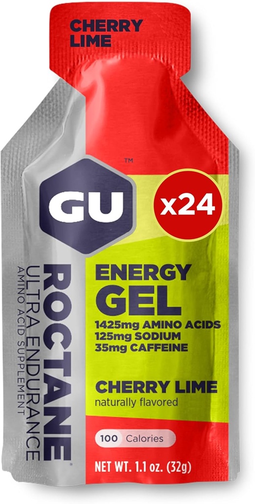 GU Energy Roctane Ultra Endurance Energy Gel, Vegan, Gluten-Free, Kosher y Dairy-Free On-The-Go Sports Nutrition for Running, Biking, Hiking or Skiing, 24-Count, Cherry Lime