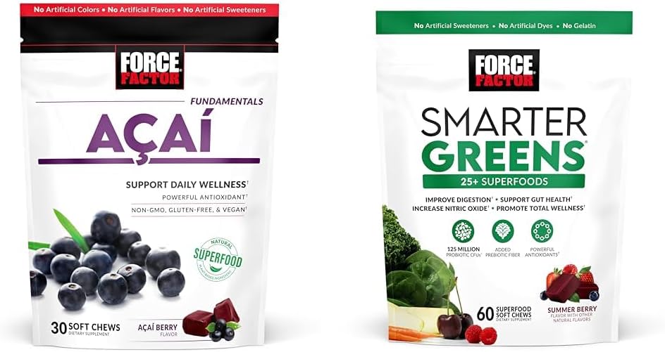 Factor de fuerza Acai Soft Chews Immune Support and Smarter Greens Superfood Chews Digestion Support Bundle, 30 y 60 Conde