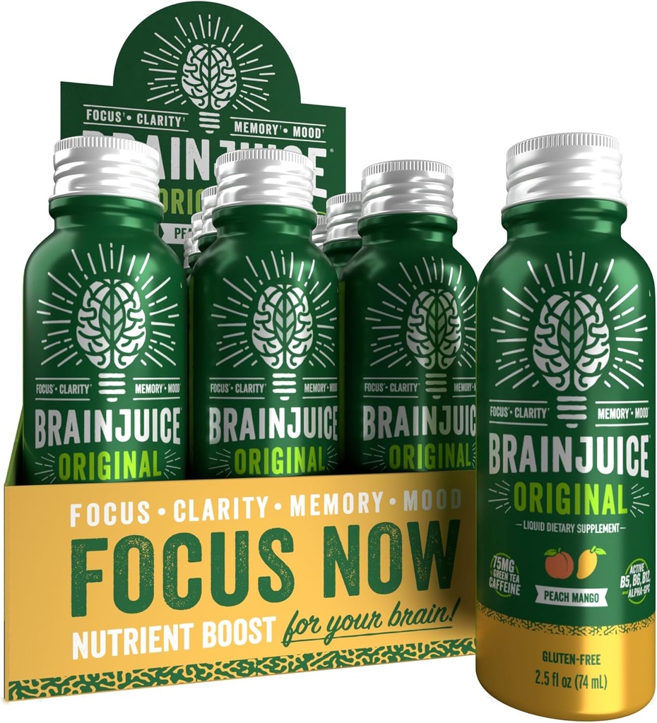 BrainJuice Brain Support Shot, Gluten Free Supplement Shots for Energy & Focus, Healthy Drinks with Alpha GPC, Vitamin B &amp; Organic Green Tea Extract Caffeine, Peach Mango, 2.5 fl oz, 12 Pack