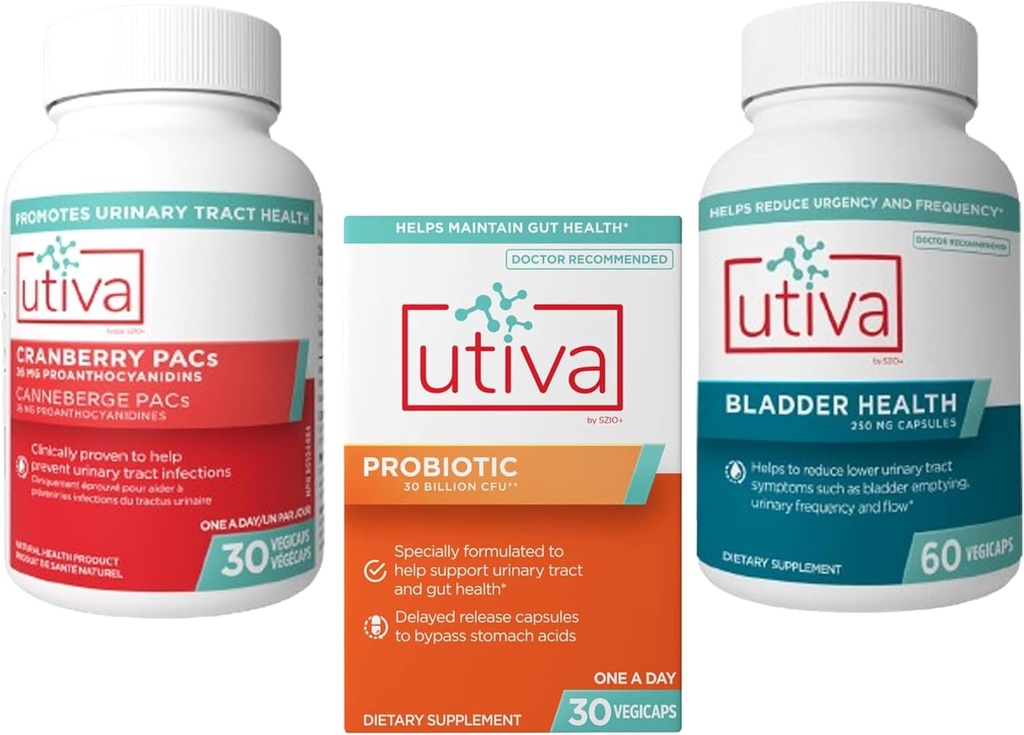 15% Bundle Utiva Cranberry PACs Suplemento para la salud del tracto urinario 30 Vegi Capsule + Utiva Probiótico para Gut y Urinary Tract Health 30 Delayed Release Vegi Capsule + Utiva Bladder Health 60 Capsule