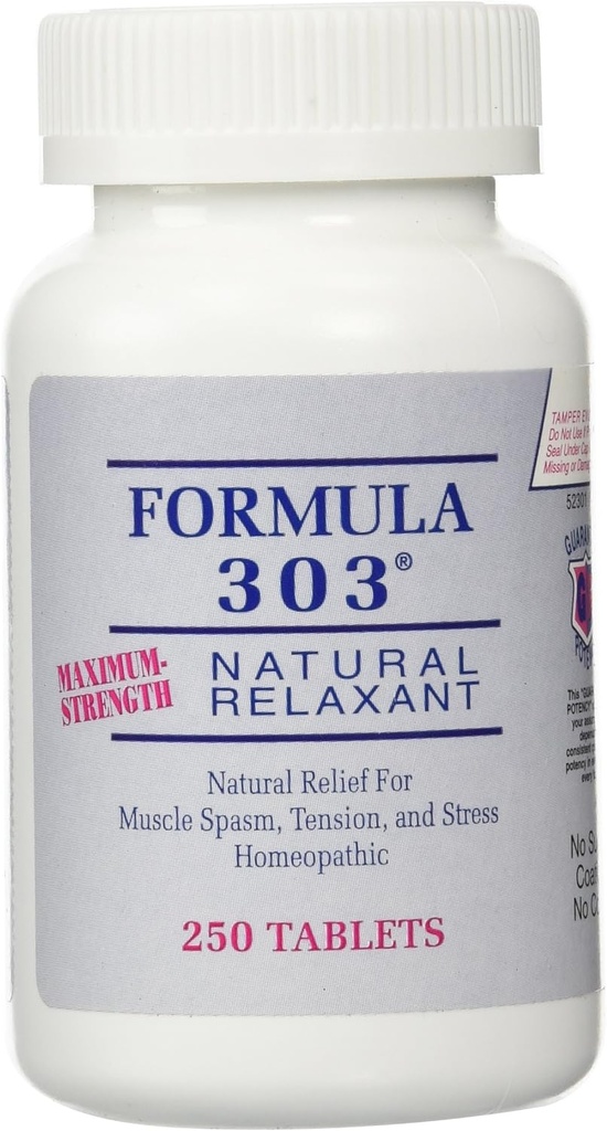 Dee Cee Labs Fórmula 303 Maximum Strength All-Natural Relaxant Tablets, 250 Tablets; All-Natural Relaxant containing Magnesium for Sore Muscles, Passion Flower, and Valerian Root