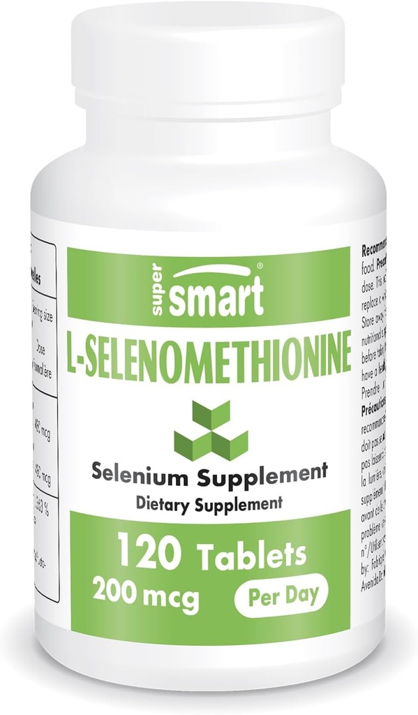 SuperSmart - L-Selenomethionine 200mcg por día (Suplemento de Selenio) - Alta Absorción - Trace Mineral Esencial ← No GMO &amp; Gluten Gratis - 120 Tablets