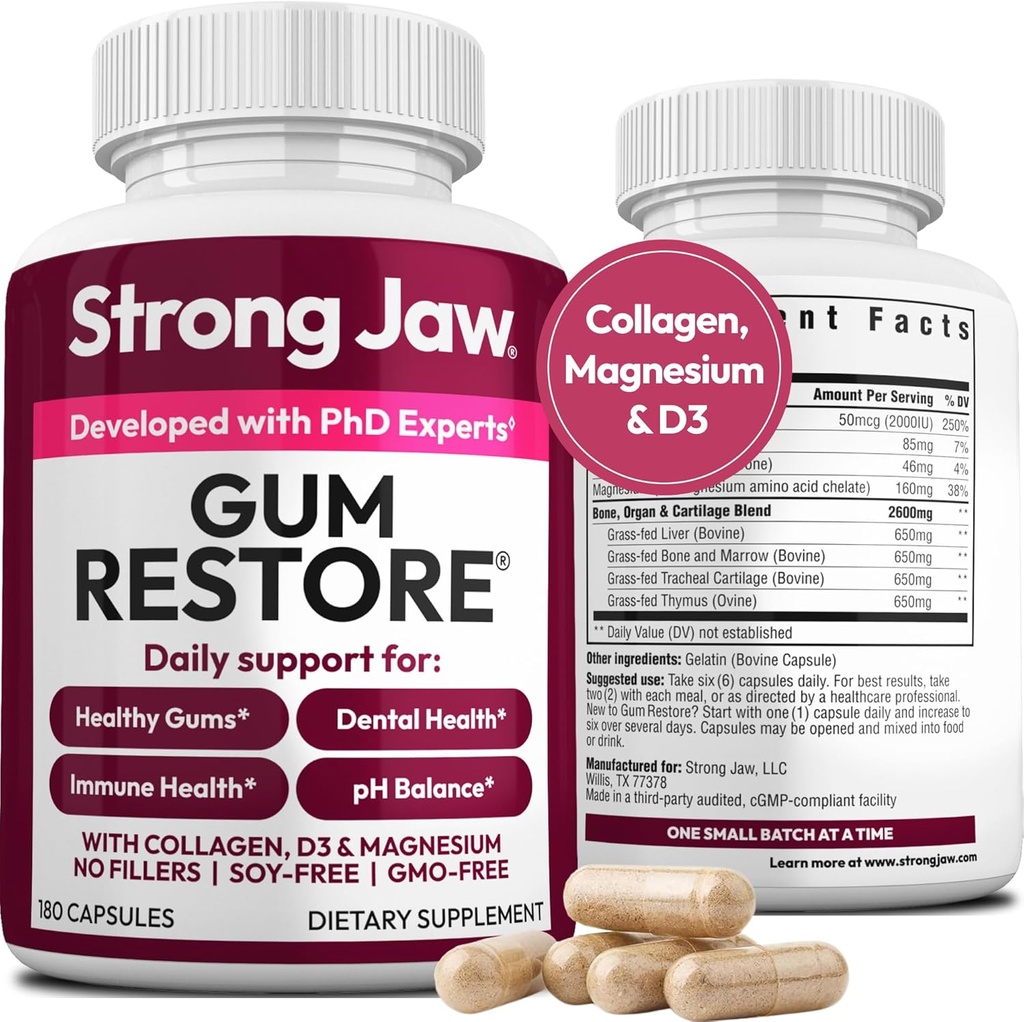 Gum Restore - Gum Care + Teeth Vitamins - Gum Health & Oral Health - Supports Receding Gums & Gum Care - Dental Vitamins for Adults – 180 Capsules, Non-GMO Gum Health Supplements