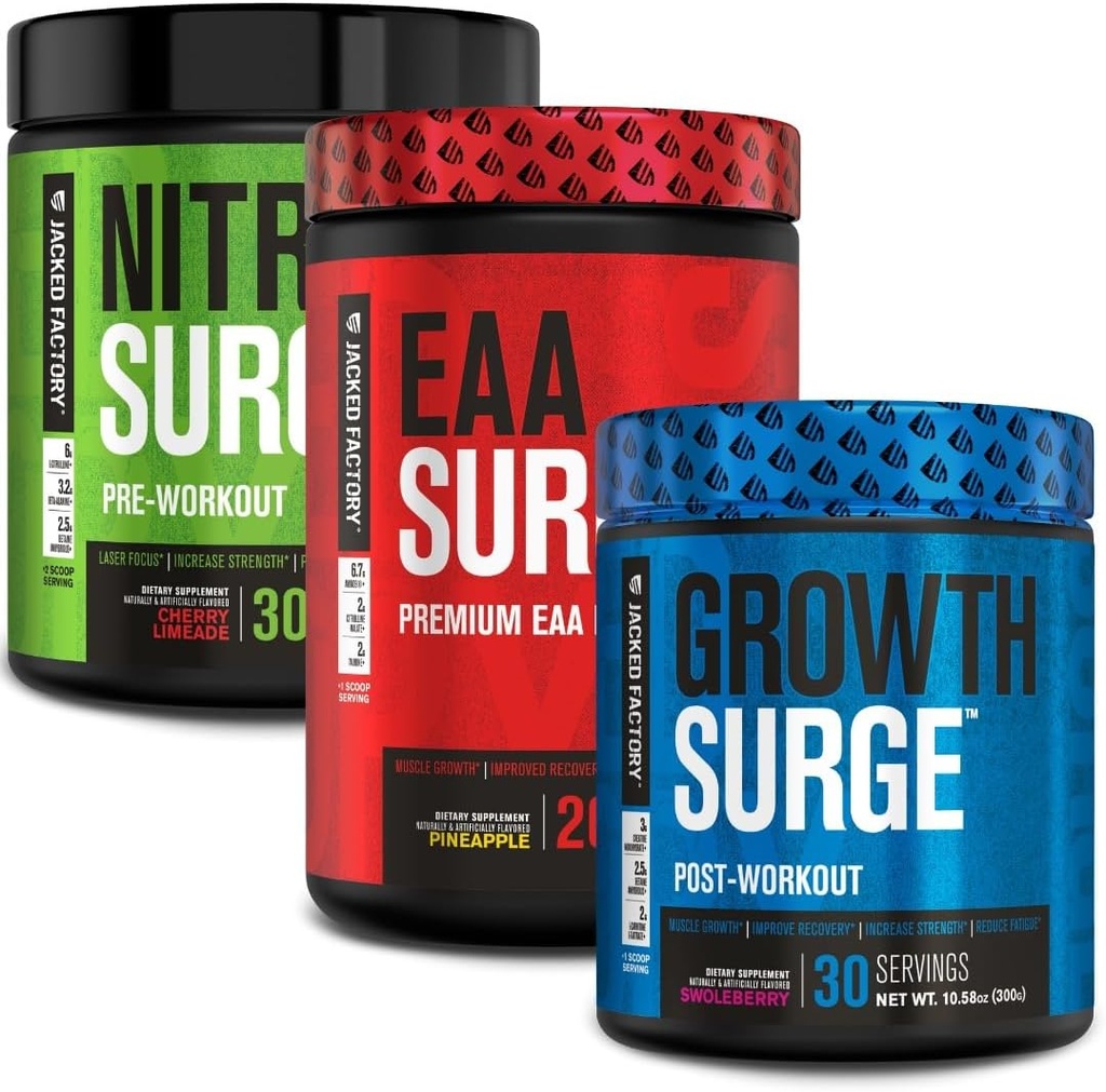 Nitrosurgente de la fábrica Jacked Pre Workout, EAA Surge Aminoácidos Esenciales, Crecimiento Surge Post Workout Muscle Builder Bundle