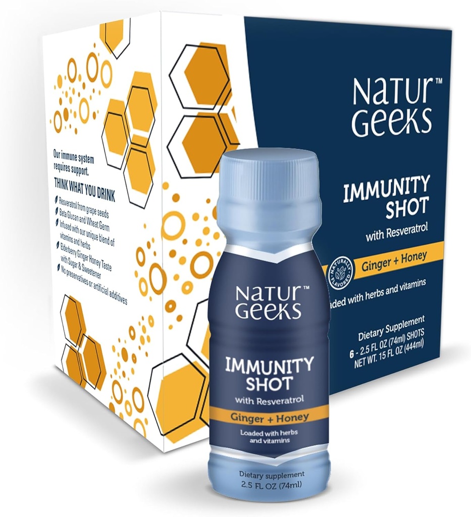 Immunity Support Shots with Organic Ginger + Honey TENIDA Vitaminas C, D, B6, B12 y Zinc ← Liquid Immune Defense Infused with Natural Resveratrol and Spermidine 6 Pack (2.5 Fl oz)