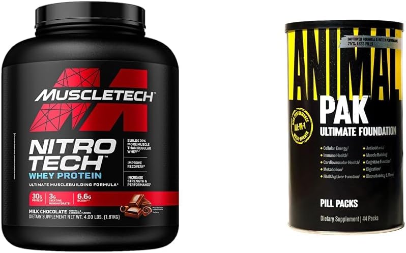 Muscletech Whey Protein Powder Nitro-Tech Whey Protein Isolate " Peptides " Animal Pak - Conveniente All-in-One Vitamin " Supplement Pack