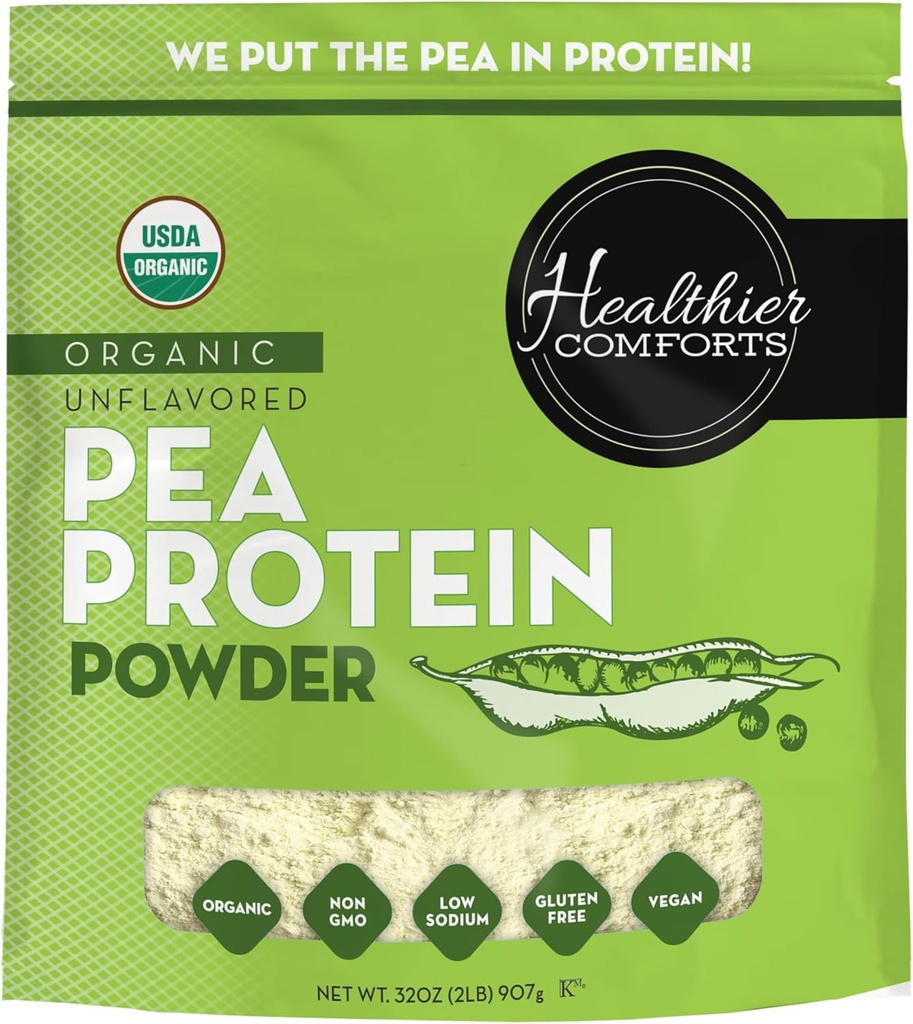 Healthier Comforts Unflavored Pea Protein Powder - Low Sodium (2 lb.) | USA Grown and Processed | 100% Plant Based Protein Powder | Kosher, Gluten Free, Non-GMO, Keto Friendly (32oz)