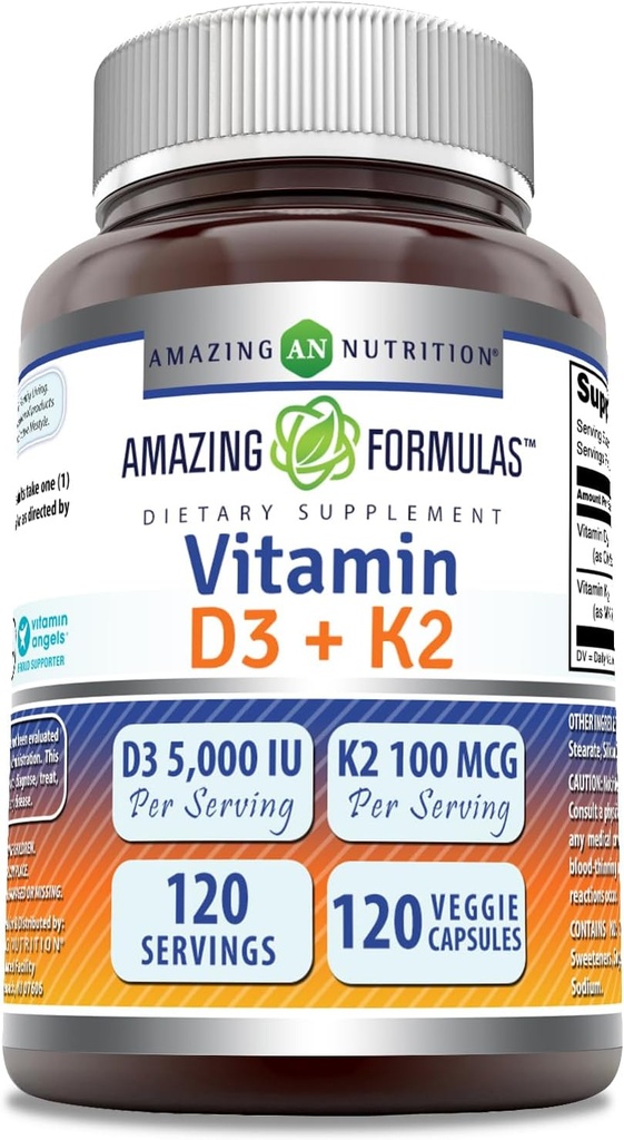 Fórmulas asombrosas Vitamina D3 5000 UI con Vitamina K2 100 Mcg ← 120 Veggie Capsules Suplemento No-GMO Silencio Gluten Gratis Silencio Made in USA