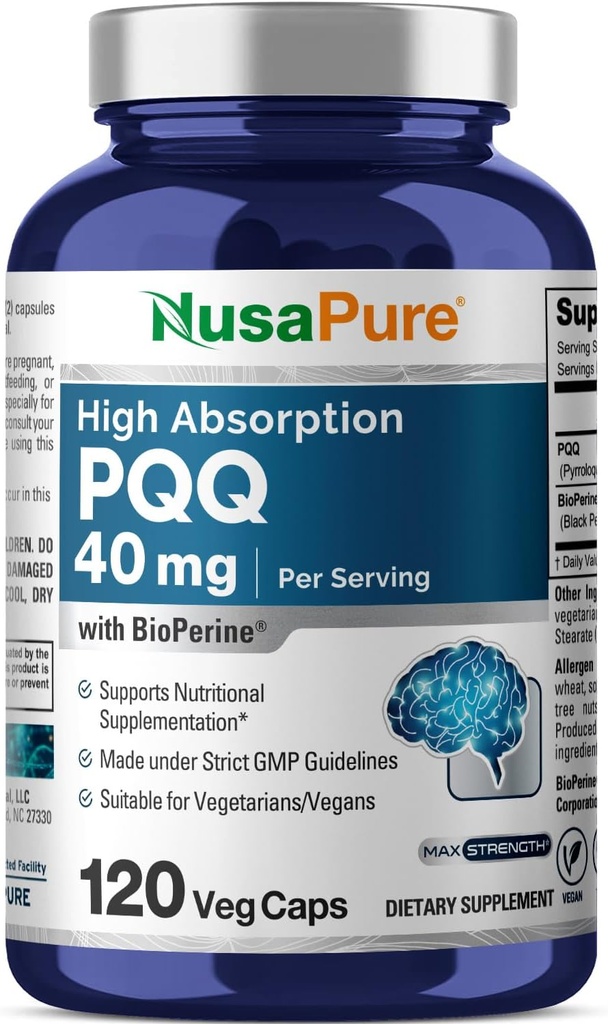 NusaPure PQQ Suplemento 40 mg, 120 cápsulas vegetarianas, no GMO, Pyrroloquinolina Quinone Disodium Salt, Bioperine