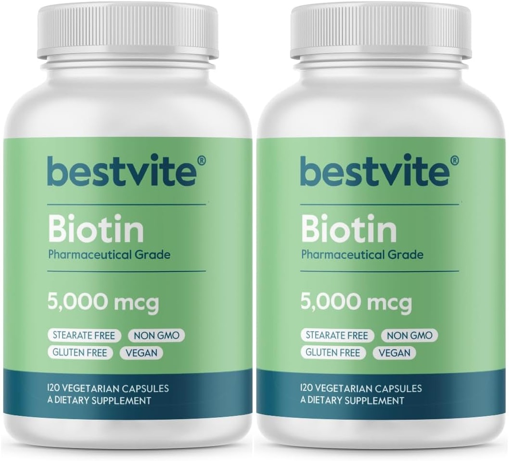 BESTVITE Biotin 5000mcg (240 cápsulas vegetarianas) (120 x 2) - No Stearates - No agentes de flujo - Vegan - No GMO - Gluten Gratis - Pelo, piel, uñas