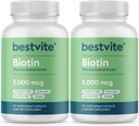 BESTVITE Biotin 5000mcg (240 cápsulas vegetarianas) (120 x 2) - No Stearates - No agentes de flujo - Vegan - No GMO - Gluten Gratis - Pelo, piel, uñas