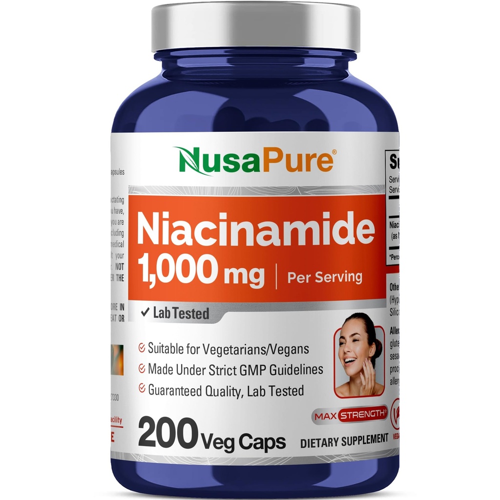 NusaPure Niacinamide 1000mg 200 Veggie Capsules (No-GMO, Vegan) Flush Gratis