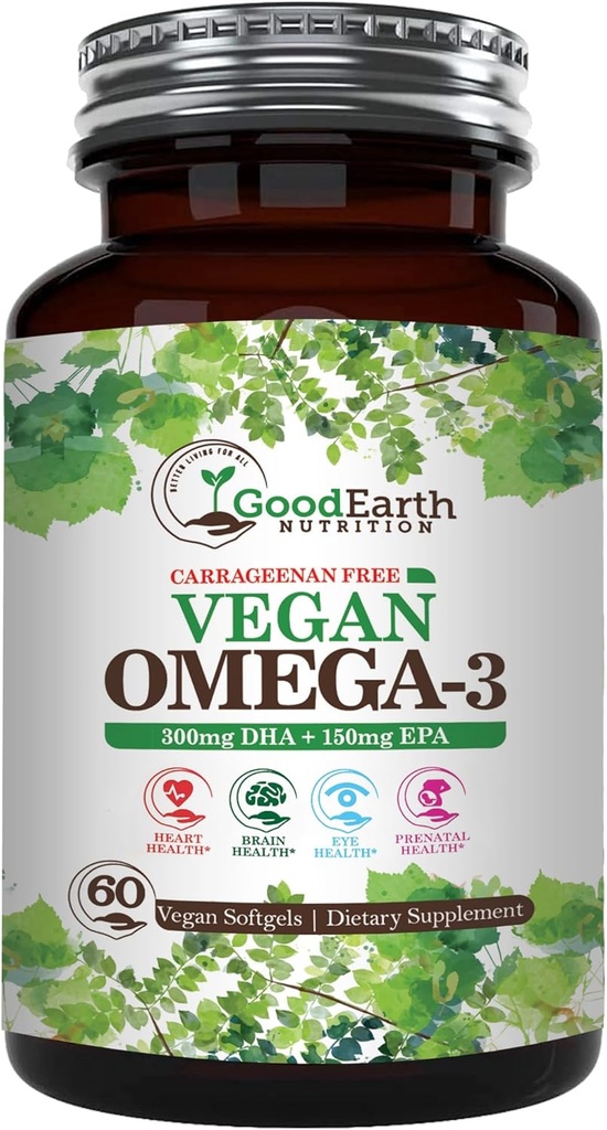 Vegan Omega 3 - Carrageenan Free Plant Based Algal DHA/EPA- 60 Veggie Softgels - Soporta cerebro, corazón y salud prenatal - ácidos grasos esenciales Suplementos