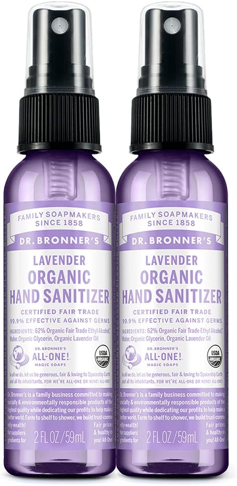 Dr. Bronner's - Organic Hand Sanitizer Spray (Lavender, 2 Ounce, 2-Pack) - Simple and Effective Formula, Cleanses & Sanitizes, No Harsh Chemicals, Moisturizes and Cleans Hands