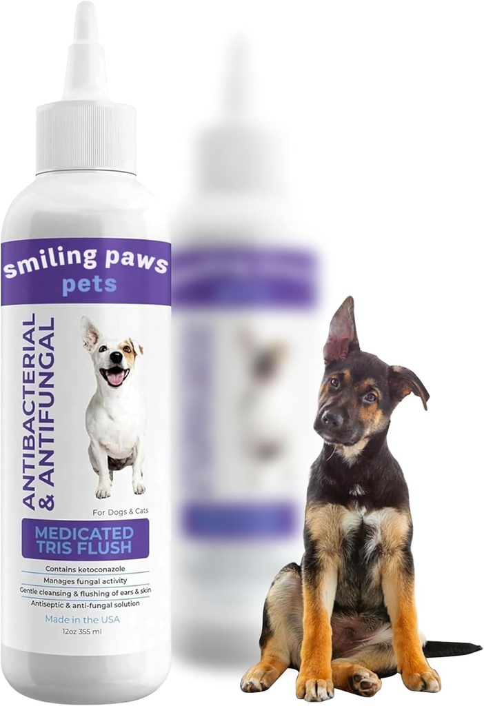 Piñas sonrientes Mascotas Tratamiento de la Solución y la Infección para Perros y Gatos Eure Flush for Dogs Ear Cleaner for Dogs &amp; Cats - Cat &amp; Dog Ear Wash Contiene Ketoconazole 12oz