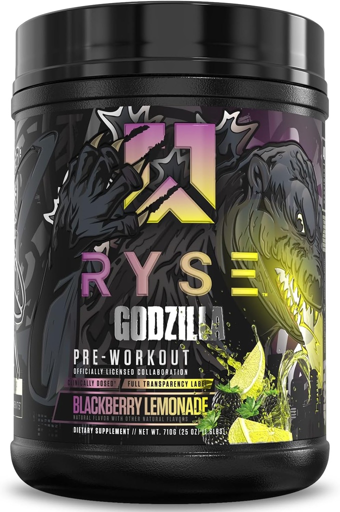RYSE Godzilla X Noel Deyzel Pre Workout Powder - BlackBerry Lemonade - 400mg Caffeine, High Stim Pre-Workout para Hombres &amp; Mujeres con Citrulline & Beta Alanine - Energía, Bomba & Focus - 20/40 Servings