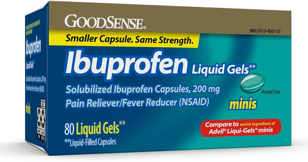GoodSense Ibuprofen Mini Líquido-Gels, 200 mg, Líquido-Filled Capsules, Dolor de Dolor y Reductor de Fiebre, 80 Conde