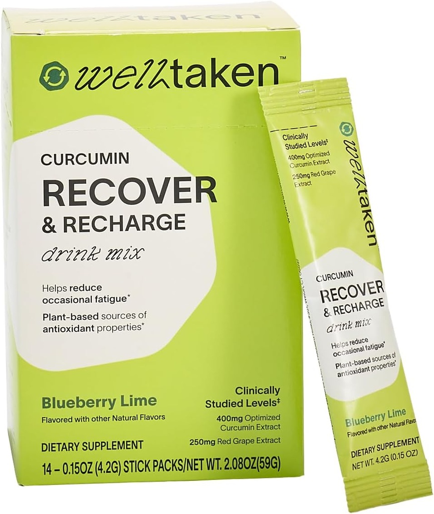 Recover Powder - Blueberry Lime, 14ct Box - 400mg Curcumin optimizado, granada, rojo Grape - Ayuda a reducir la fatiga ocasional – Vegan, 14 Servings