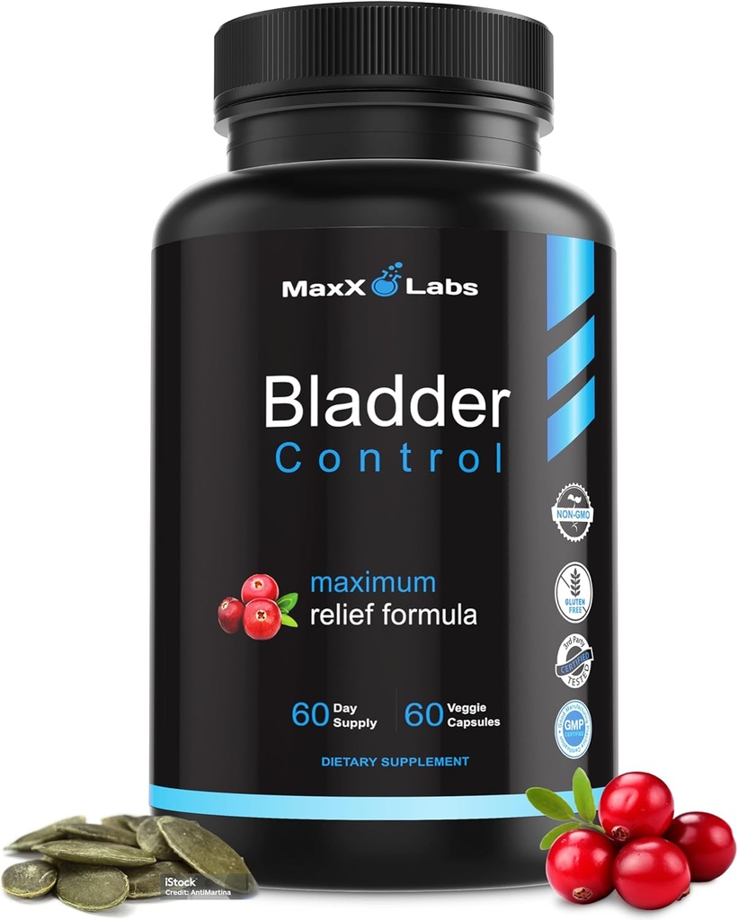 Suplemento de control de la vejiga - Píldoras de control de la vejiga hiperactivas - Potente de aceite de semilla de calabaza, extracto de arándano " Vitamina D3 - Tratamiento de la infección de la tracción urinaria para hombres de mujeres - 60Ct