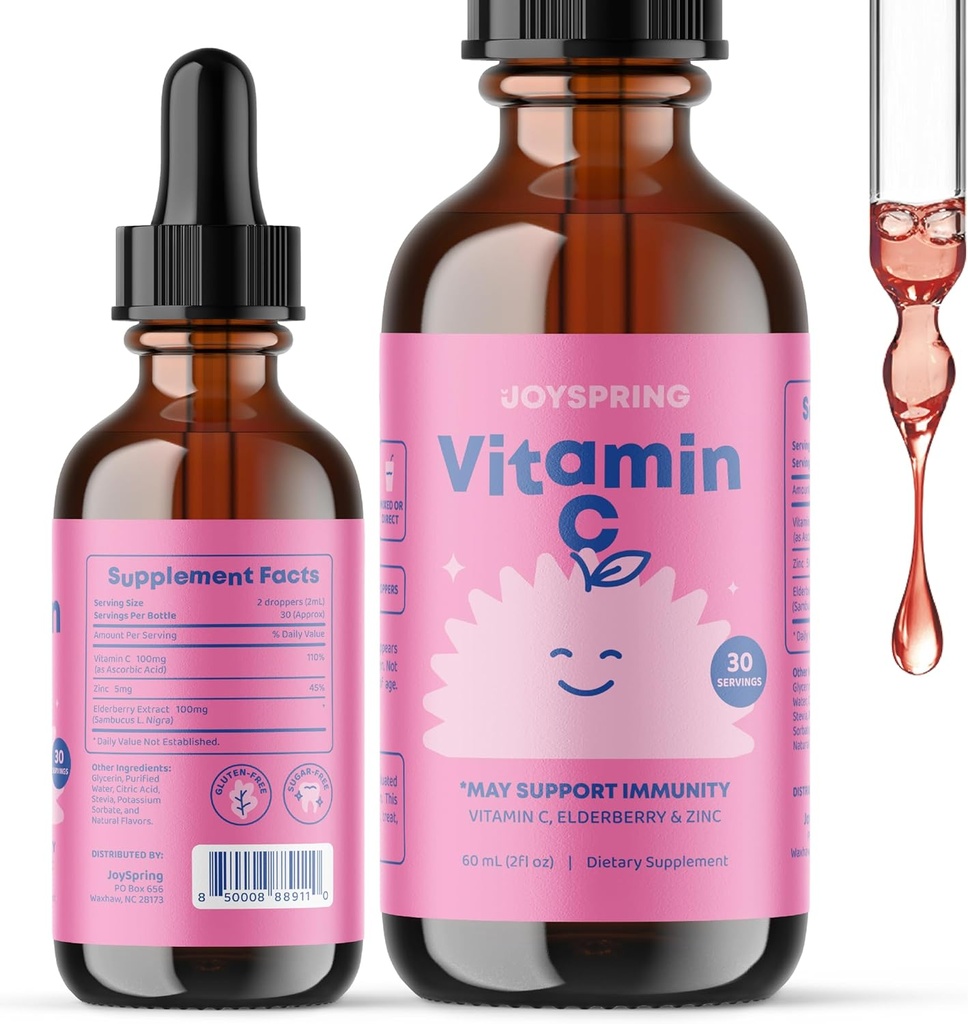 JoySpring Vitamina C + Elderberry Drops + Zinc for Kids Immune Support, Genius Drops for Focus, and Vitamin D for Kids