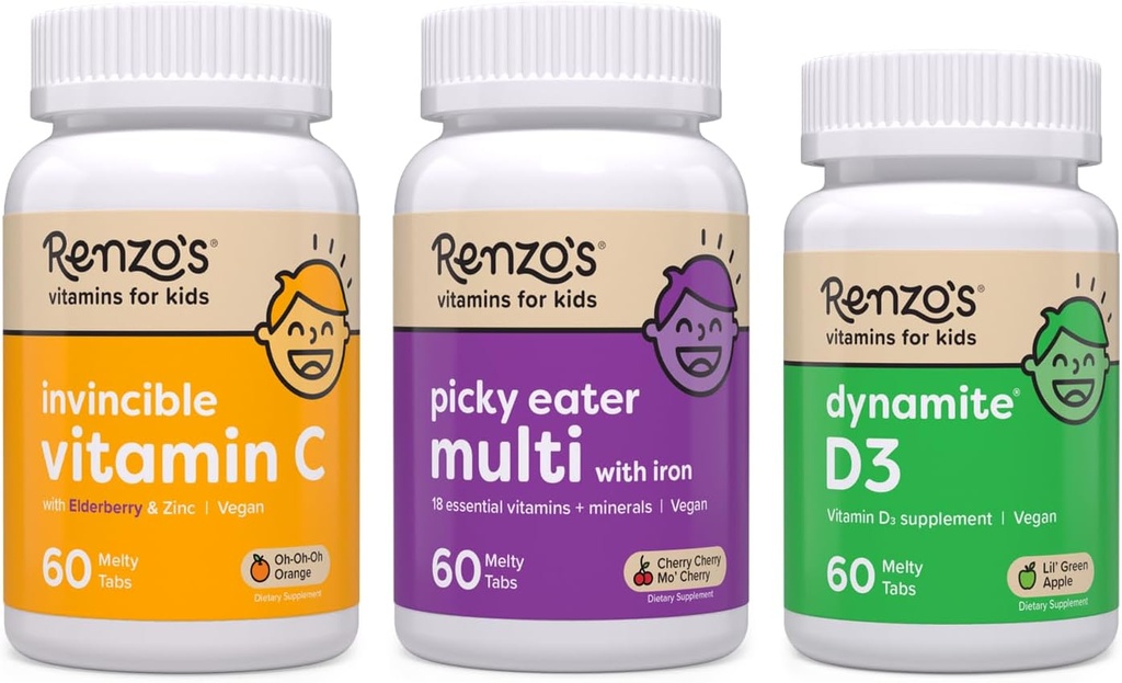 Renzo's Vitaminas Immunity Builder Bundle - Vitamina C con Elderberry & Zinc para Immune Support, Picky Eater Kids Multivitamin, y Vitamina D3