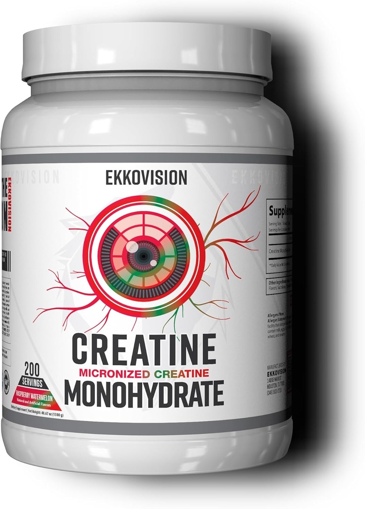 Ekkovision Creatine Monohydrate Powder, Micronized, Raspberry Watermelon, Pre &amp; Post Workout Suplemento para Hombres y Mujeres, Energy Support, Easy to Mix in Shakes, Smoothies & Beverages, 200 Servings