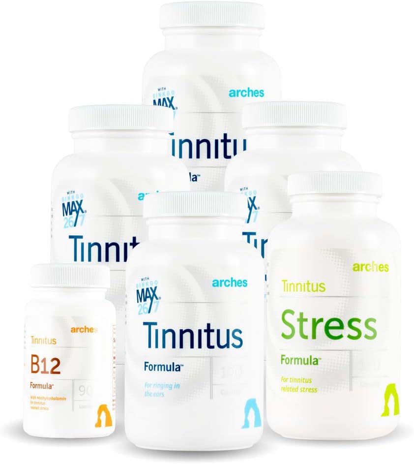 Arches Tinnitus Combo Pack - Ahora con Ginkgo Max 26/7 - Tratamiento natural de Tinnitus para el alivio de los anillos - 6 Botellas - 90 Day Supply