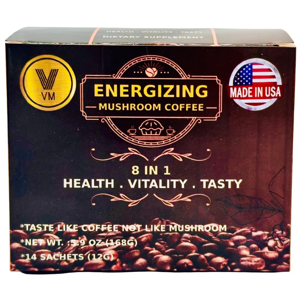 VM Energizing Mushroom Coffee-Reishi with Ginseng & Carbo Mix-Instant coffee. Ganoderma natural con café instantáneo.Suplemento diario.8-en-1 Café de salón. Mezcla café clásico orgánico. Hecho en EE.UU.(14) S
