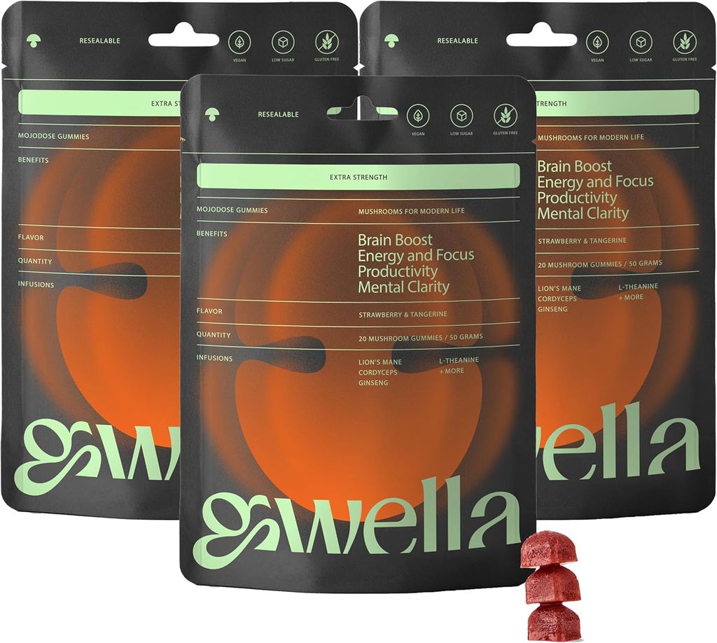 Gwella Focus Gummies with Lion’s Mane, Panax Ginseng, Ginger Root, Cordyceps, SAM-e, and Nootropics, Energy and Focus Supplement, Vegan, Strawberry Tangerine (20 Conde - Pack of 3)