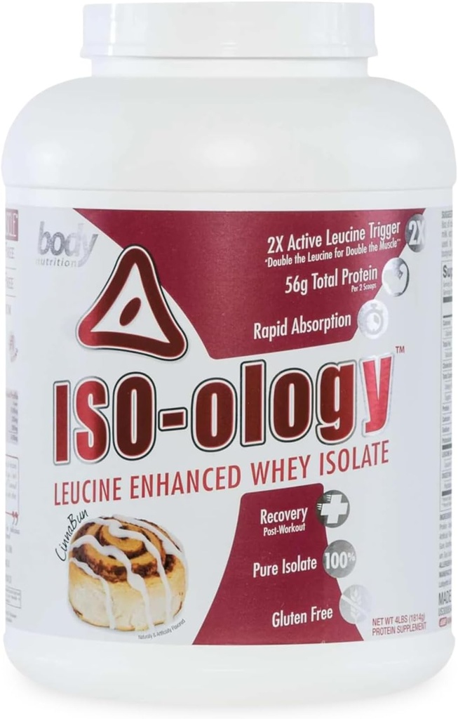 Body Nutrition ISO-Ology, Leucine-Enhanced Whey Isolate Protein Powder, Post-Workout Recovery Suplemento, Isolated Grass Fed Whey, Cinnabun Flavor, 4lb