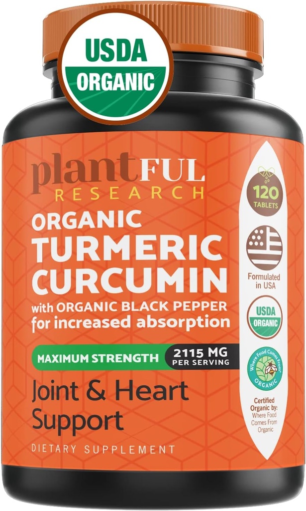 Suplemento Turmérico Orgánico con Pepper Negro Potencia más alta USDA certificado [No-GMO Curcumina orgánica 2115mg] Antioxidante Conjunto &amp; Apoyo Inmunitario 120 Tabletas