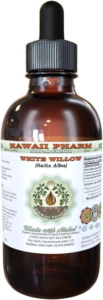 White Willow Alcohol-Free Liquid Extract, Organic White Willow (Salix Alba) Dried Bark Glycerite Natural Herbal Suplemento, Hawaii Pharm, USA 2 fl.oz