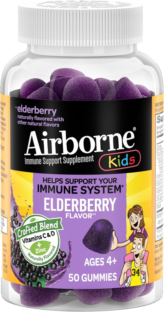 Airborne Kids Elderberry + Zinc &amp; Vitamin C Gummies, Kids Immune Support with Powerful Antioxidants VIT D &amp; E - 50 Gummies, Elderberry Flavor