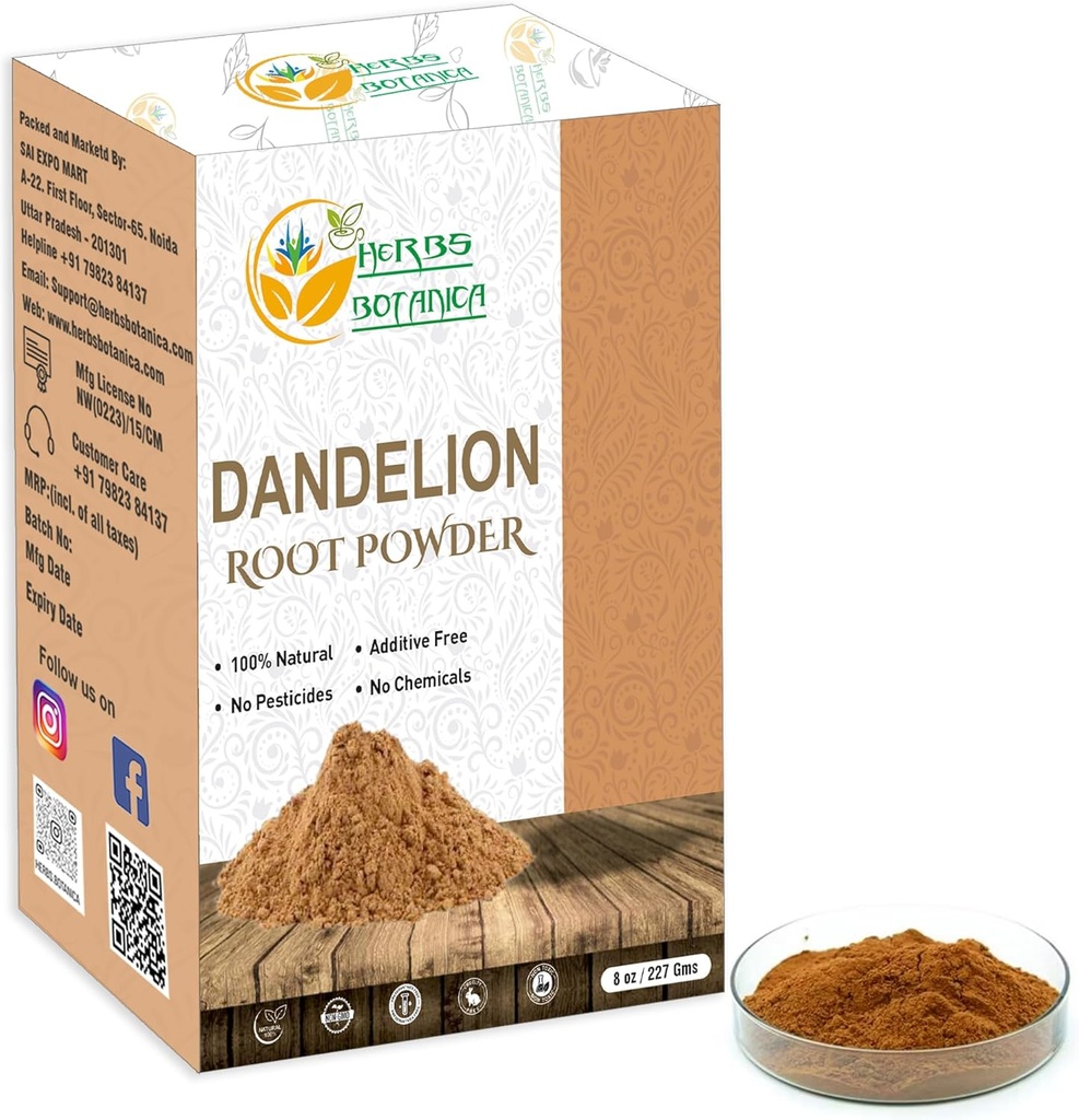 Herbs Botanica Dandelion Root Powder 100% Natural Dandelion Root for Herbal Tea, Detox &amp; Wellness – Finely Ground, Additive-Free Vegan Supplement – 8 oz Resealable Pack