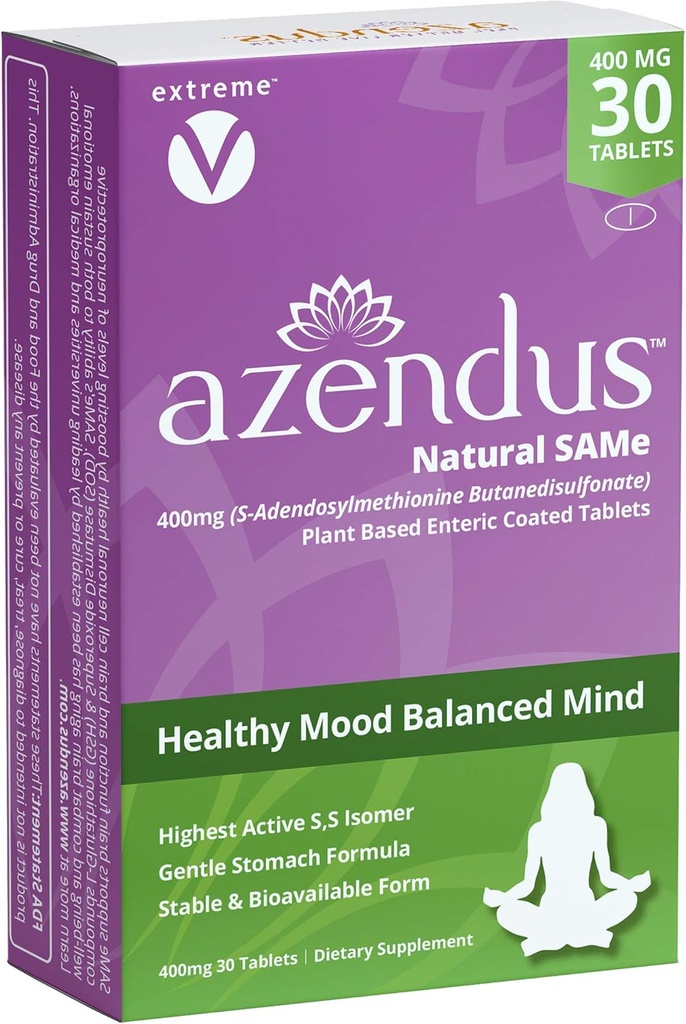 Azendus SAM-e Mood Support 400mg, 30 Cuenta, Mismo Butanedisulfonate Fiber Enteric Coated Tablets