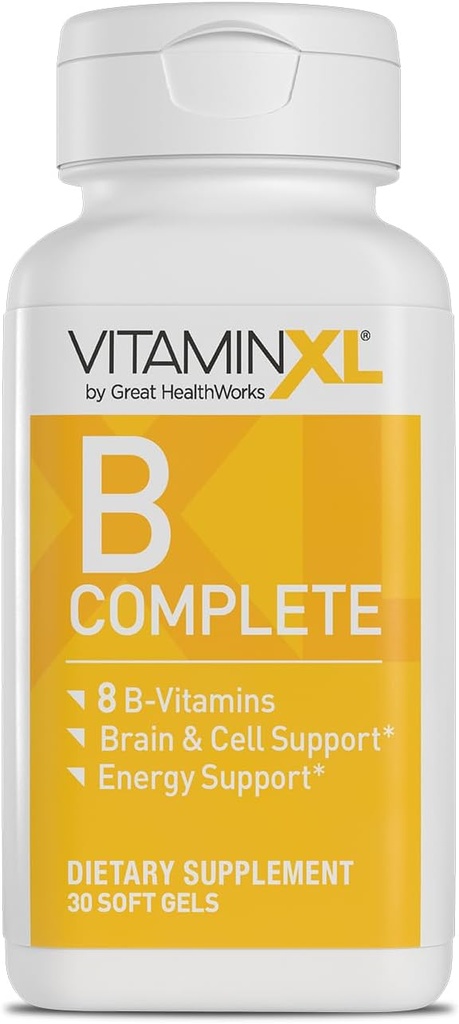VitaminXL B Completo es un Complejo Full Spectrum B Hecho con B1, B5, B6, B12, Biotina, Niacina, Riboflavin y Folate, También con Choline e inositol (30 Gels Soft, 30 Servimientos)