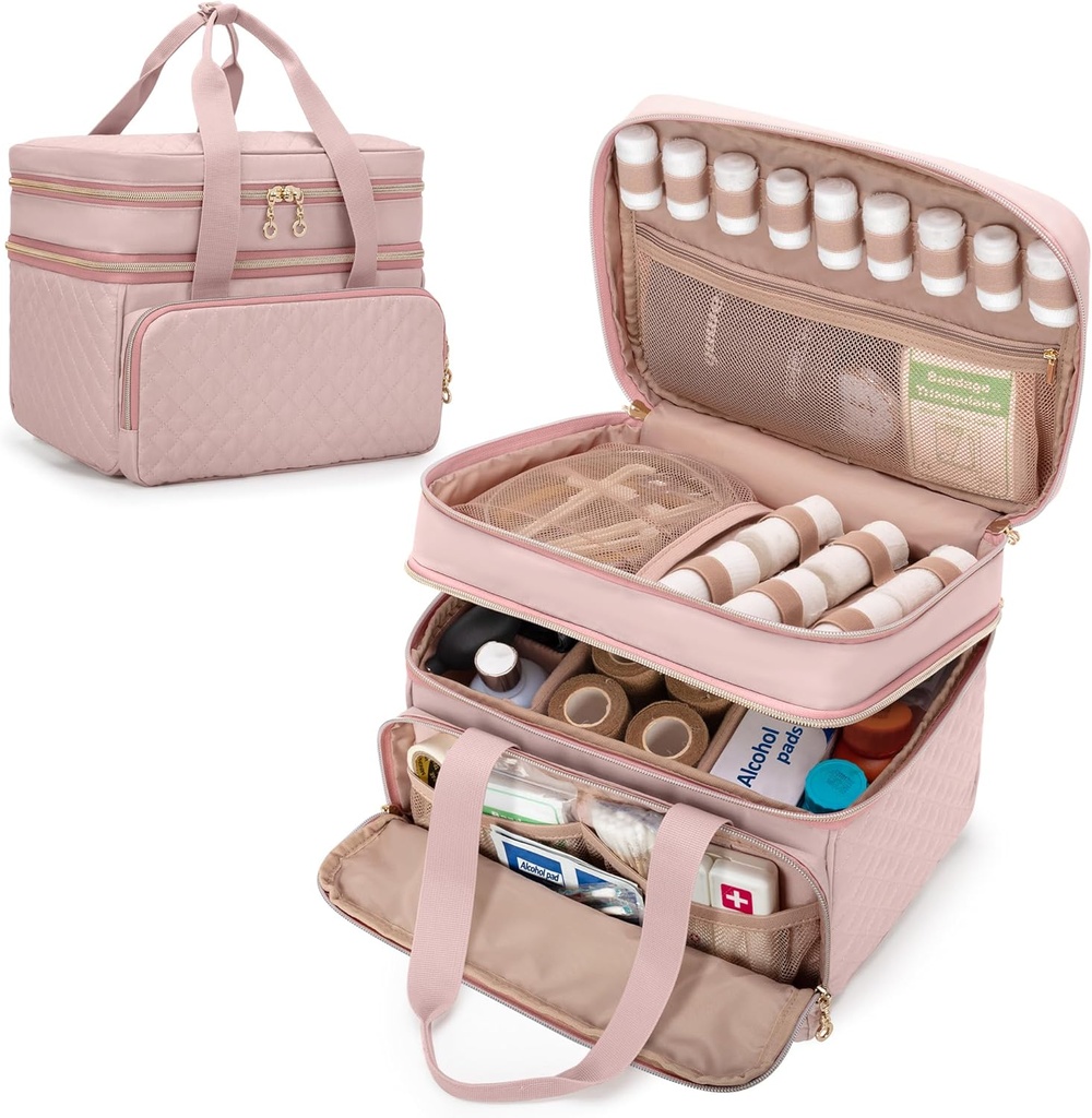 Pill Bottle Organizer Empty, Double Layers Medicine Travel Storage Bag with 5 Customized Dividers and Lockable Zippers for Prescription Bottles and Emergency First Aid Supplies, Pink